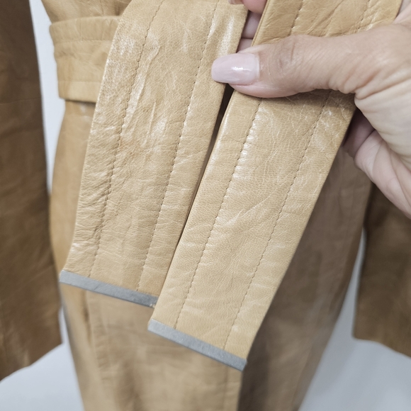 Express Y2K Crinkle Leather Belted Camel Coat Size 1/2 - Picture 12 of 16